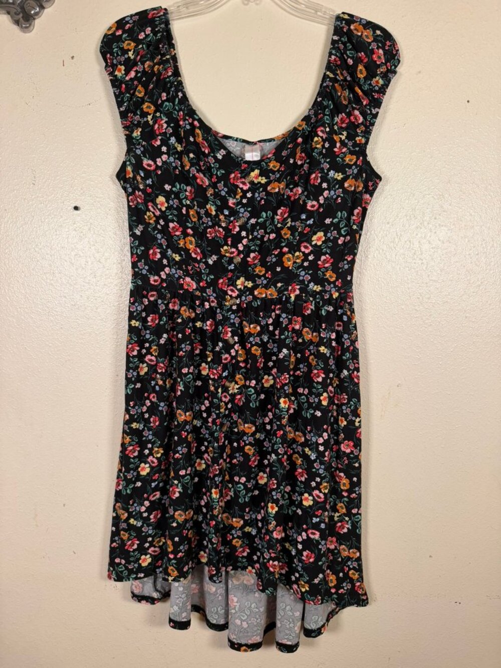 No Boundaries L Floral Fit & Flare Dress Black Multicolor Button Front